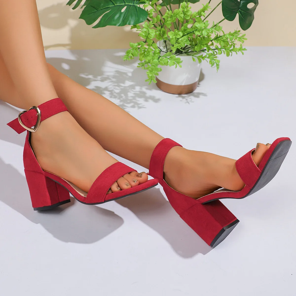 Women Sandals New Summer Fashion Sandals Medium High Heels Outdoor Elegant Wedding Shoes Bridal Plus Size Buckle Strap Sandals