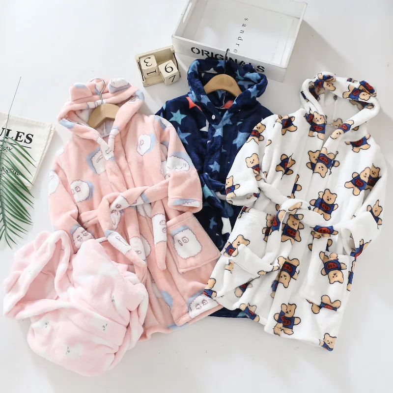 Cartoon Bathrobe For Children Flannel Long Sleeve Hooded Kids Clothes Boys Robe Spring Autumn Winter Baby Bathrobe 2-12 Years