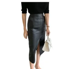 2022NEW New 2021 Spring Women PU Leather Skirts High Waist Pockets Package Hip Skirt Female Front Split Zipper Midi Pencil