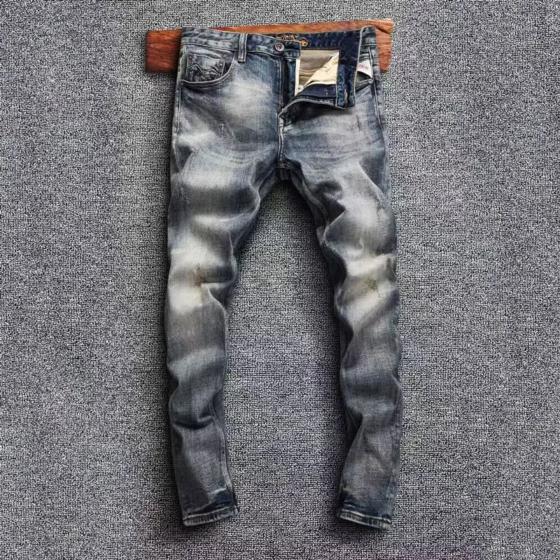 

Italian Style Fashion Men Jeans Retro Washed Blue Elastic Stretch Slim Fit Vintage Jeans High Quality Casual Denim Pants Hombre