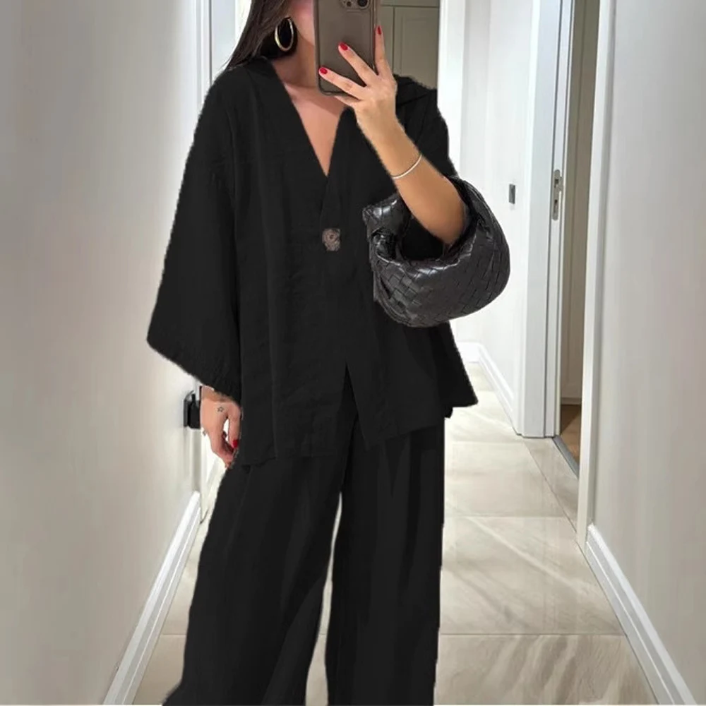 Casual Women V Neck Long Sleeve Blouse and Wide Leg Pant Suits