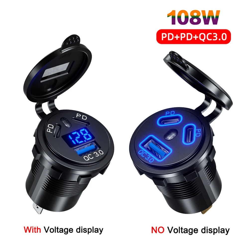 Presa per caricabatteria da auto USB 12V/24V 108W 3 porte doppia 45W PD tipo C e 18W presa di corrente 3.0 carica rapida per auto moto