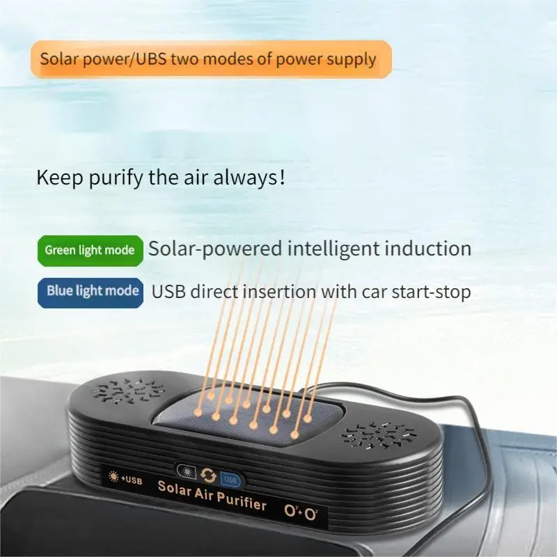 Solar powered dual core air purifier for purifying car interior air removing smoke odor and formaldehyde