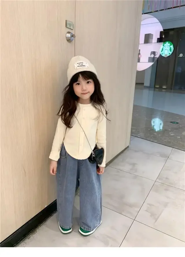 Neue Frühling Herbst Mädchen Anzug Koreanischen Stil Bodenbildung Shirt Top + Casual Jeans Mädchen Breite bein Hosen Loungewear – Detail 2