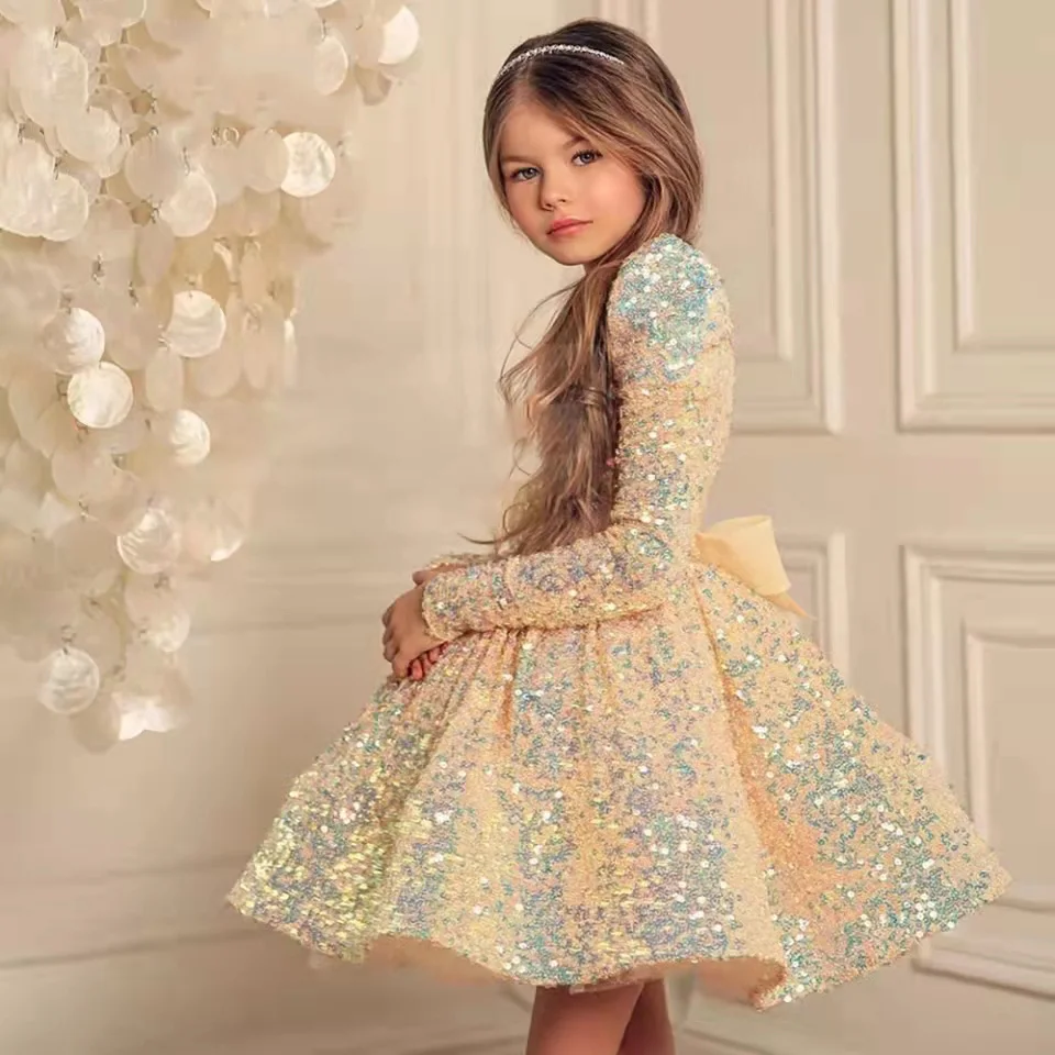 

Glitter Flowers Girl Dress Champagne Sequin Square Collar Long Sleeve Ball Gown Pageant Party First Communion