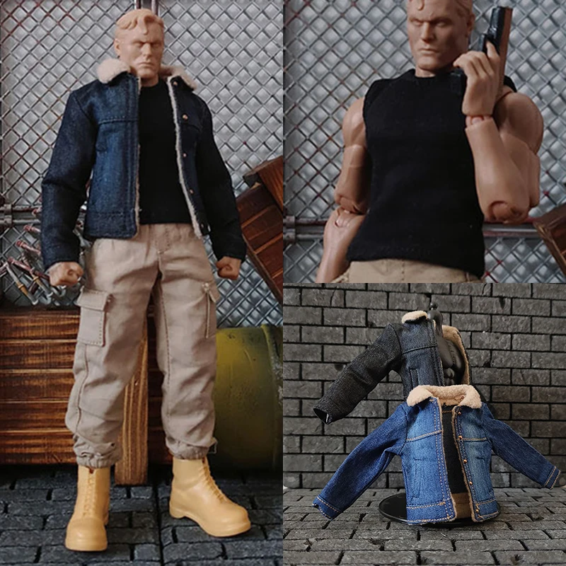 3 Piece Set 1/12 Trendy Male Fur Collar Denim Jacket Strong Vest Cargo