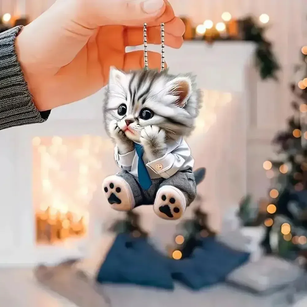 2D Flat Cat Car Mirror Charm - Acrylic Hanging Ornament For Rearview Mirror | Grey Cat Design - View #2