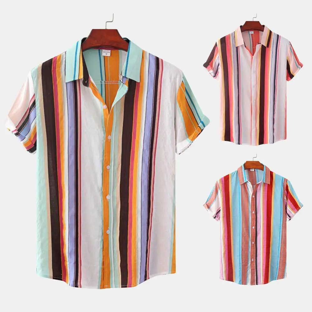 

Men Blouse Striped Loose Fit Plus Size Contrast Color Shirt Top for Work