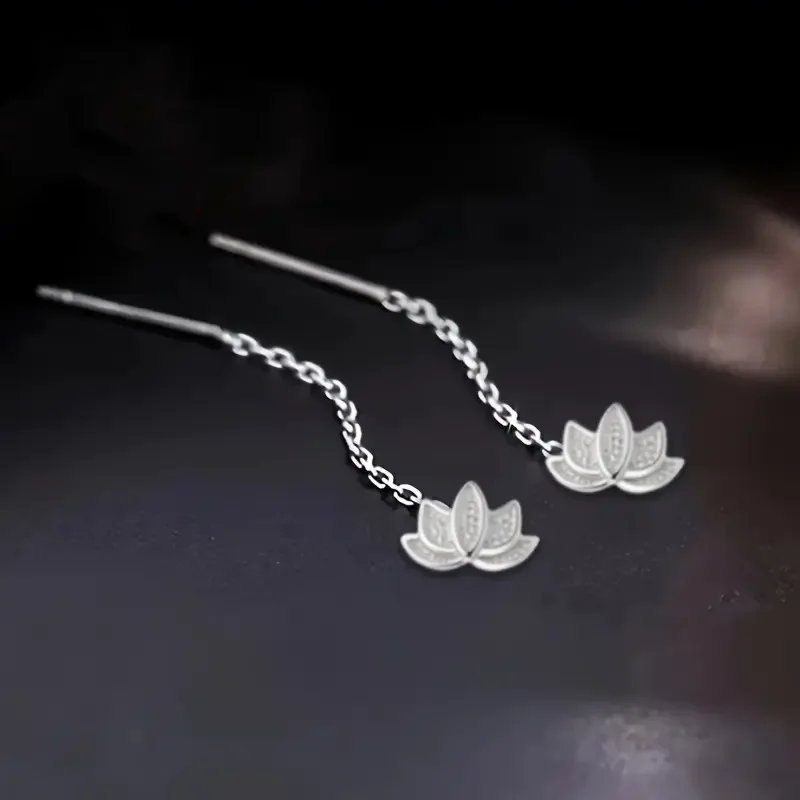 Silver Color Lotus Flower Long Tassel Earring for Women Elegant Minimalist Earings Perfect for Daily Wear Jewelry Gifts