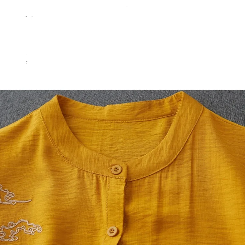 2024 New Retro Embroidery Summer Cotton and Hemp Thin Women's Round Neck Fashion Style Short Sleeve Loose Button Shirt Tops