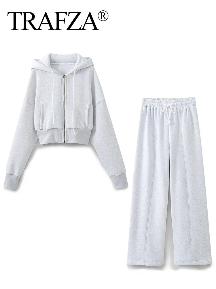 TRAFZA Spring Women Solid Hoodie Pant Set Long Sleeve Hooded Coat Jacket + Tube Top + Elastic Waist Trousers Casual Sport Suits