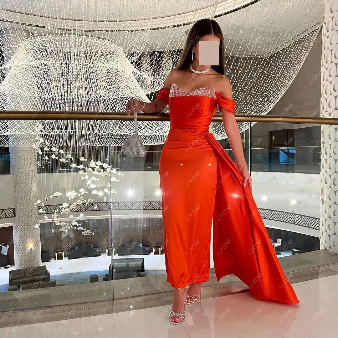 

LIYYLHQ Charming Orange Mermaid Evening Gowns Off Shoulder Sleeveless Prom Dresses Beads Ankle Length Formal Party Dresses