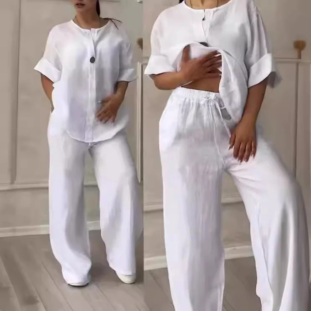 Cotton Linen Casual Long Sleeve Blouse and Wide Leg Pant Sets