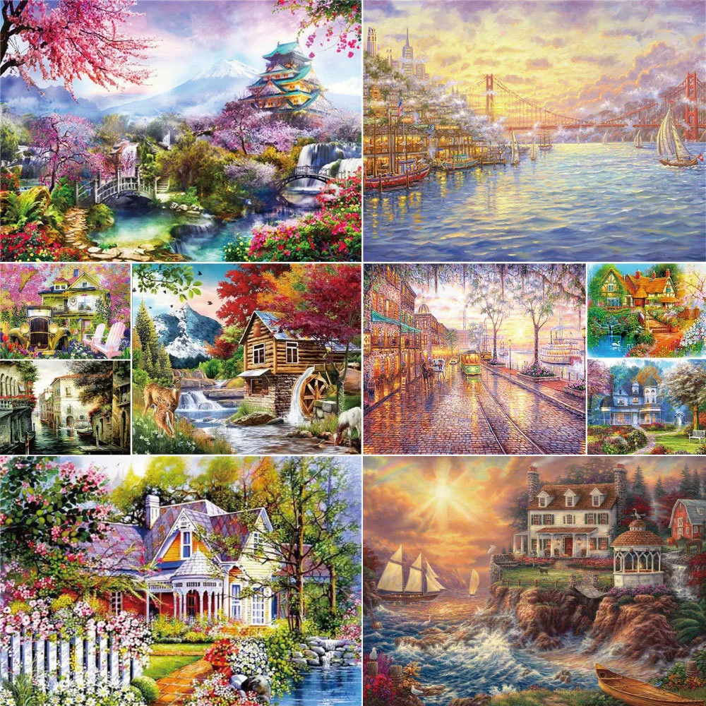 Cartoon House Landscape Pre-Printed Cross Stitch Embroidery Full Kit Sewing Handicraft Knitting Needlework Design Gift