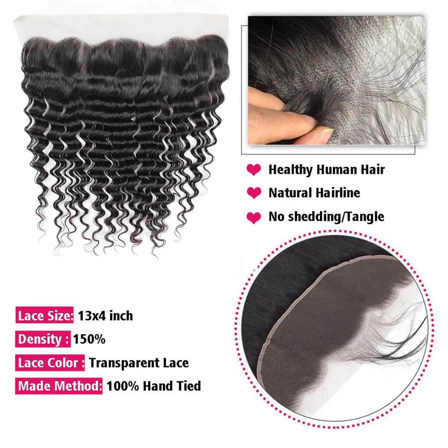 Lace Frontal Closure Deep Wave 13x4 Ear to Ear Frontal HD Lace Brazilian Curly Virgin Human Hair 150% Density Natural Black