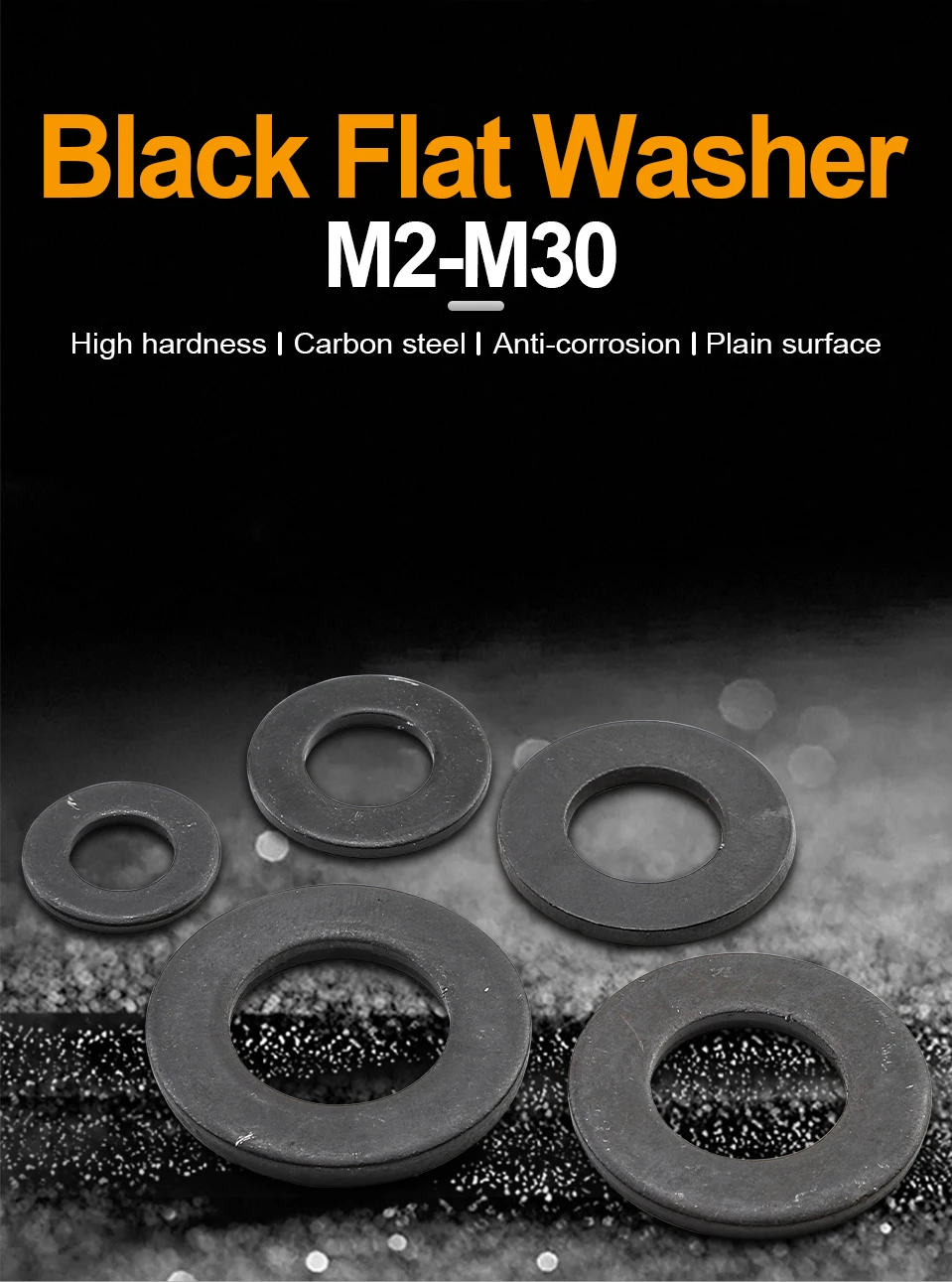 JUIDINTO 1–100 Stück schwarze flache Unterlegscheiben aus Kohlenstoffstahl M2-M30, einfache Unterlegscheiben für Schrauben, Schrauben GB98 – Detail 1