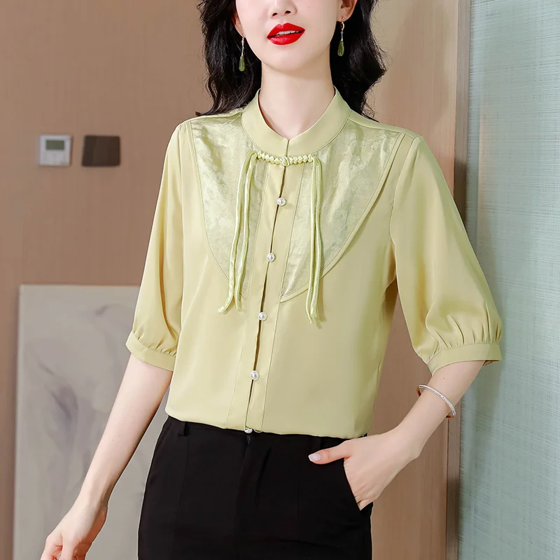 

Женская летняя рубашка из натурального шелка тутового шелкопряда с воротником-стойкой и короткими рукавами, рубашка с принтом в стиле ретро на пуговицах, новинка 2024