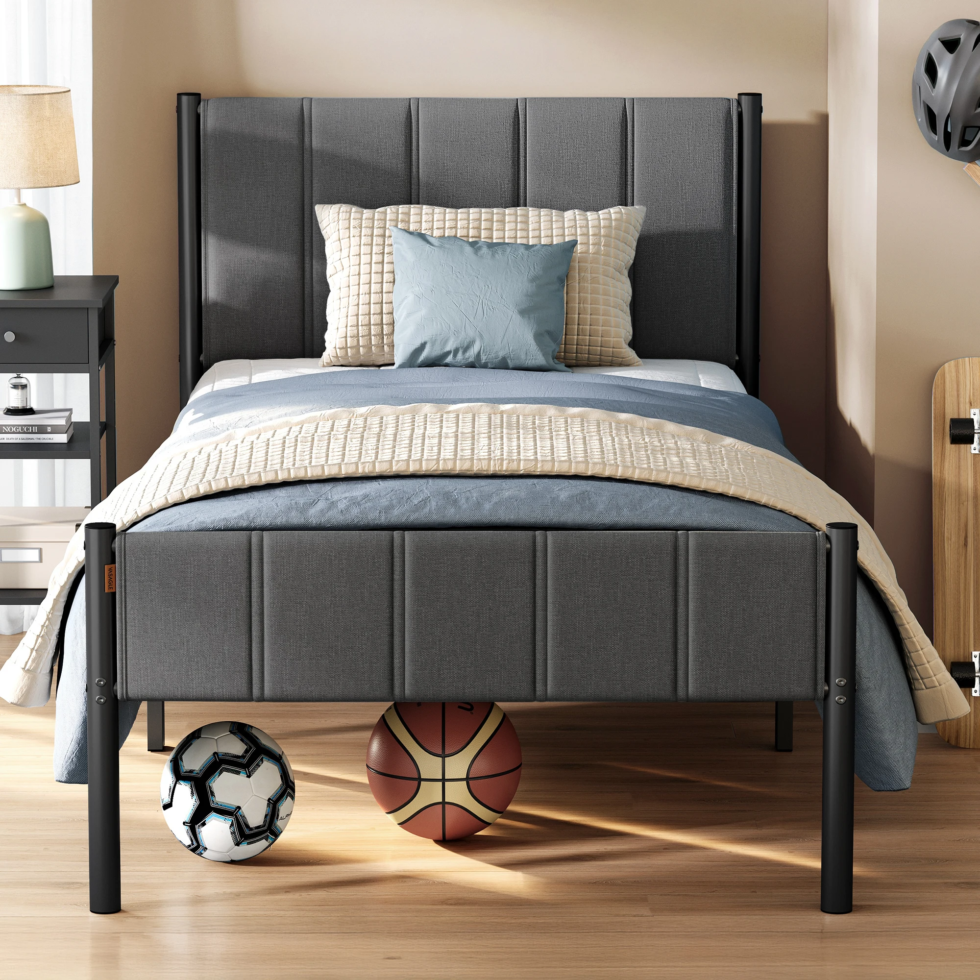 VASAGLE Metal Platform Bed, Upholstered Headboard Single Bed Frame, Easy Assembly for Bedroom, Dark Grey
