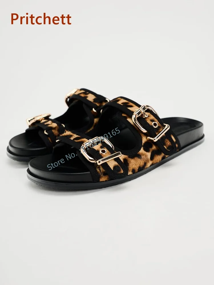 Leopard Print Buckle Decoration Slippers Round Toe Black Bordered Flat with Slip On Shoes Comfortable Outdoor Concise Shoes