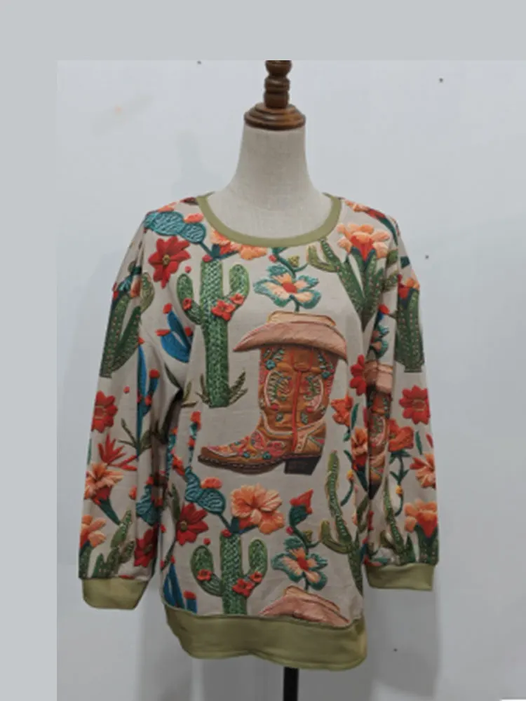 Vintage Western Boots Floral Art Printed Sweatshirt