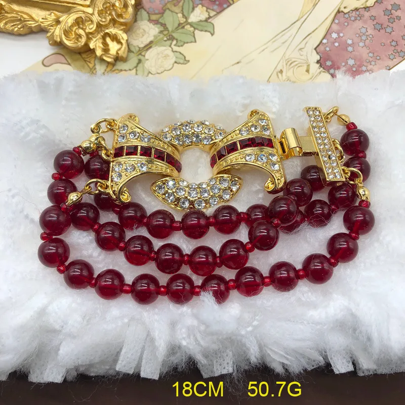 rench Romantic Retro Multi layered Pomegranate Red Glass Beads Sweater Chain Bracelet Necklace