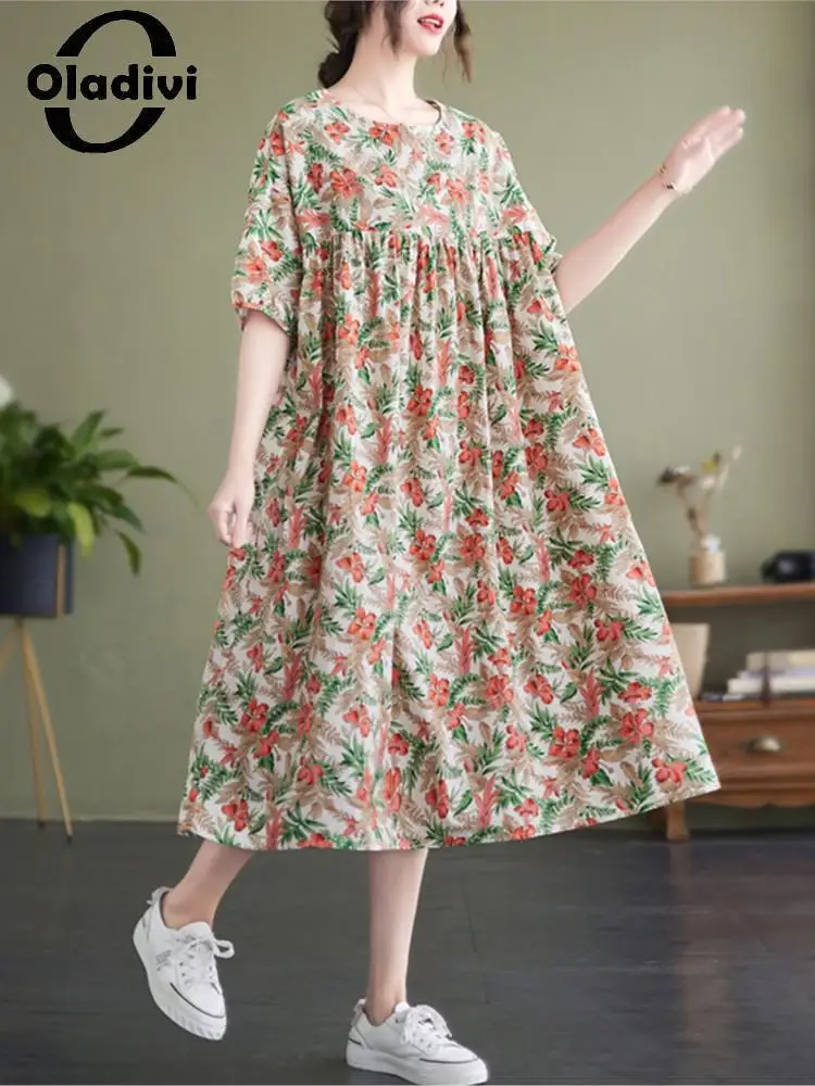 

Oladivi Oversized Women Summer 2022 Fashion Floral Print Short Sleeve Casual Loose Cotton Dress Vintage Ladies Midi Dresses 9135