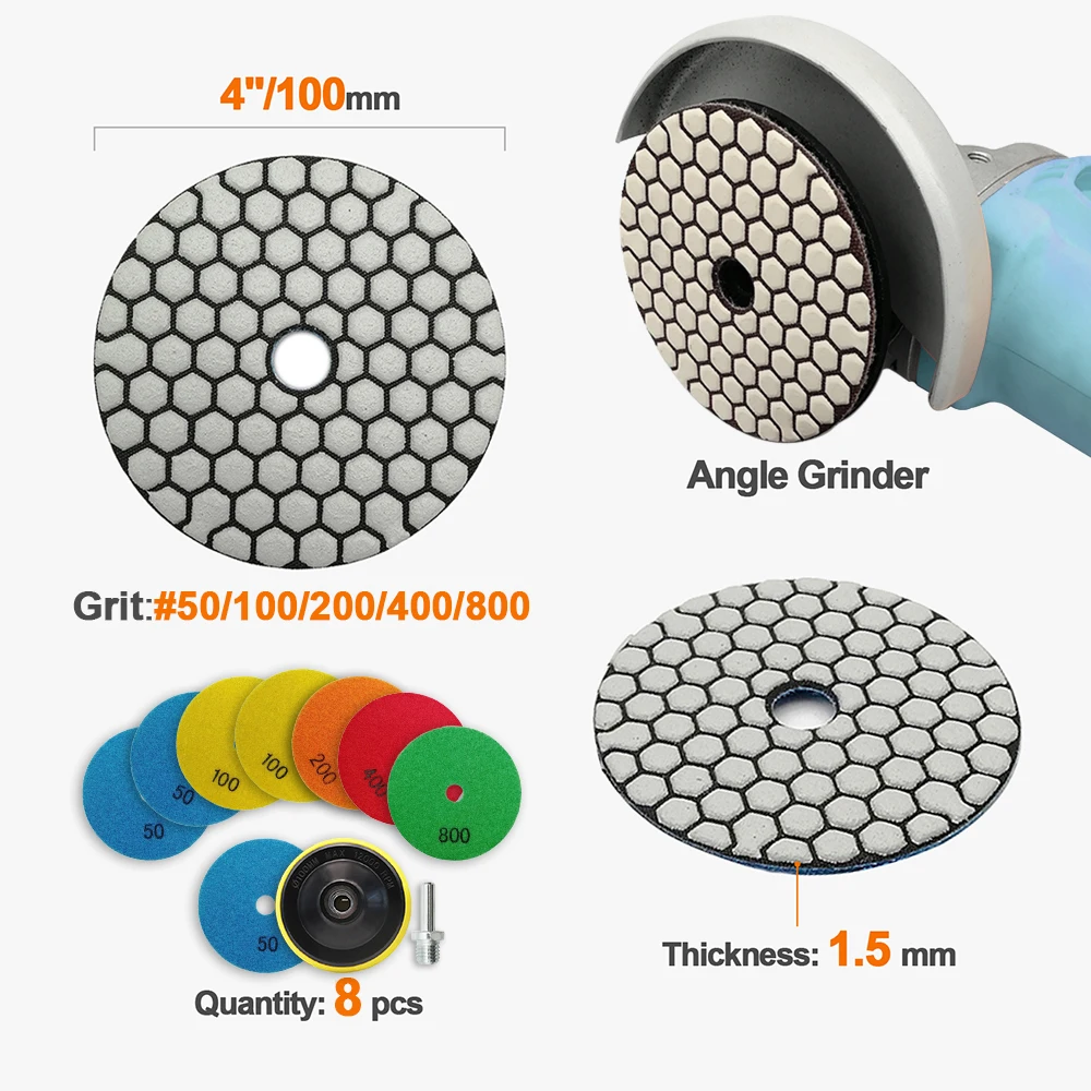 BRSCHNITT 8 Stück Durchmesser 100mm Diamant-Trockenpolierpads für Marmor Granit Keramik Stein Polierer Schleifer Schleifscheiben Adapter-Basis – Detail 2