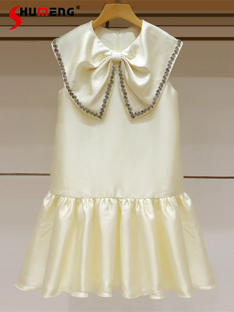 

2024 Spring New Dress Fashion Diamond Bow Doll Collar Sleeveless Solid Color Sweet Princess Dresses Bowknot Women's Clothes