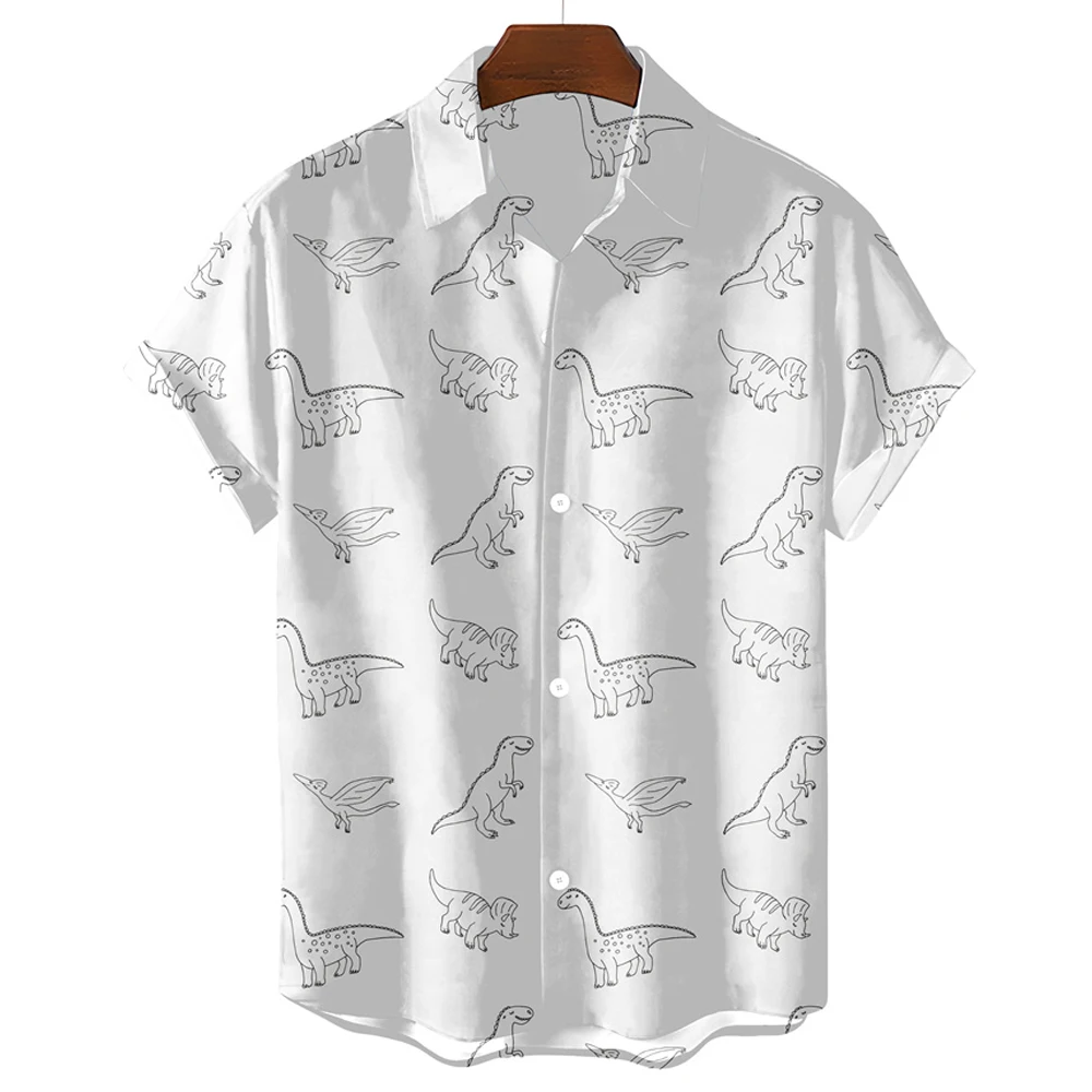 Black And White Simple Men's Shirt Cute Dinosaur Print Men's Clothing Lapel Oversized Short Sleeve Shirt Fashion Street Tops 2