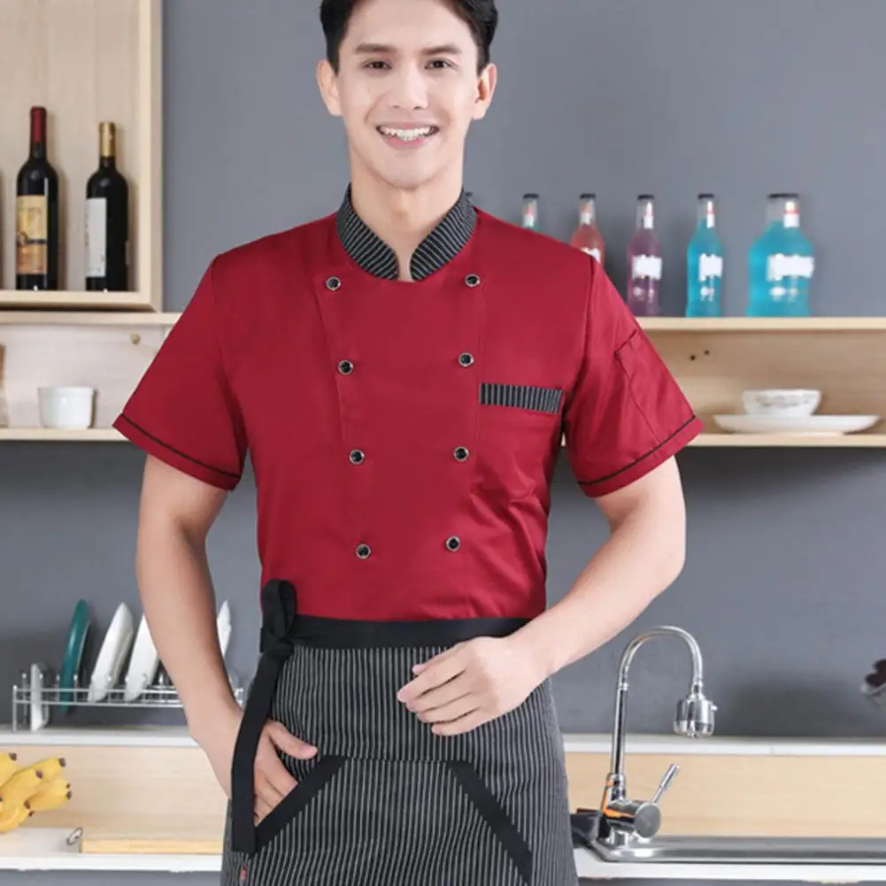 Stand Collar Short Sleeve Double Breasted Patch Pocket Chef Uniform Women Men Service Bakery Breathable Chef Shirt Work Clothing