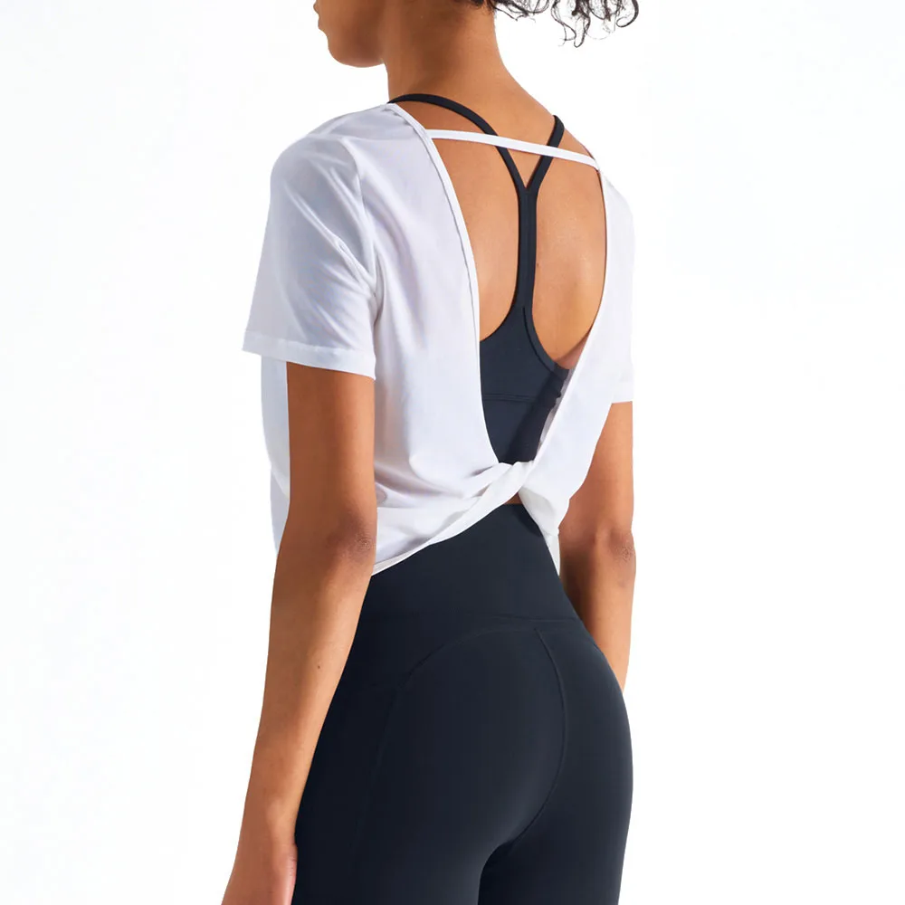 Sport T Shirt Women Backless Short Sleeve Casual Training Workout Top Outdoor Running Exercise Yoga