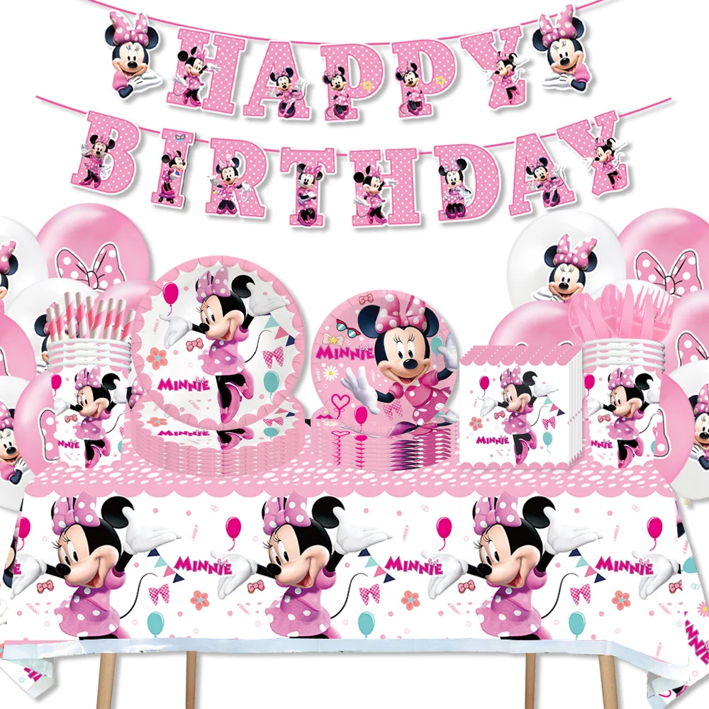 

Minnie Mouse Girl Birthday Decorations Disposable Party Supplies Paper Plate Cup Napkin Tablecloth Baby Shower KIds Toys