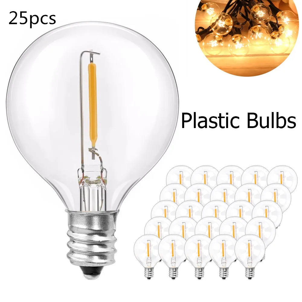 25pcs G40 3V/220V E12 Replacement Light Bulbs Screw Base Plastic Globe Bulbs for String Light Indoor Outdoor Decor Warm White