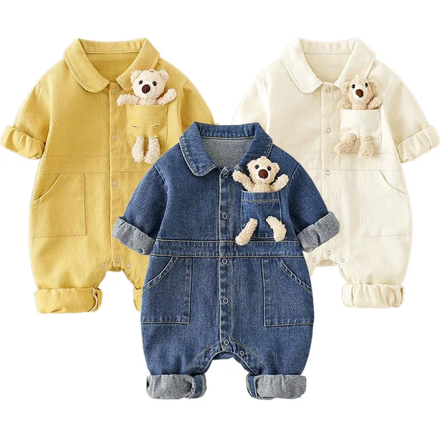 Spring Denim Baby Jumpsuit Cartoon Pocket Bear Romper for Boys Girls Newborn Overalls Korean Style Onesie Autumn Kids Clothing 1