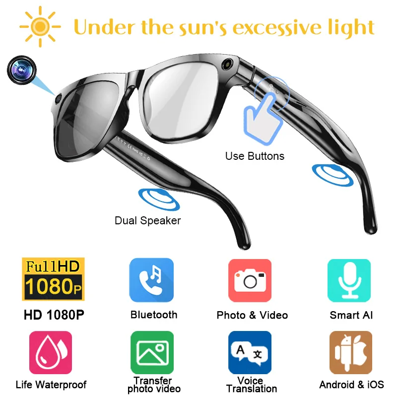 AI Smart Glasses 4K HD Photochromic Glasses Video Recording Wireless Bluetooth Call Voice Assistant Music Translate