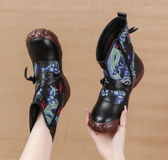 Winter kurze stiefel, ethnischen stil gedruckt frauen stiefel mit plüsch isolierung, mittleren alters und_voghion.com