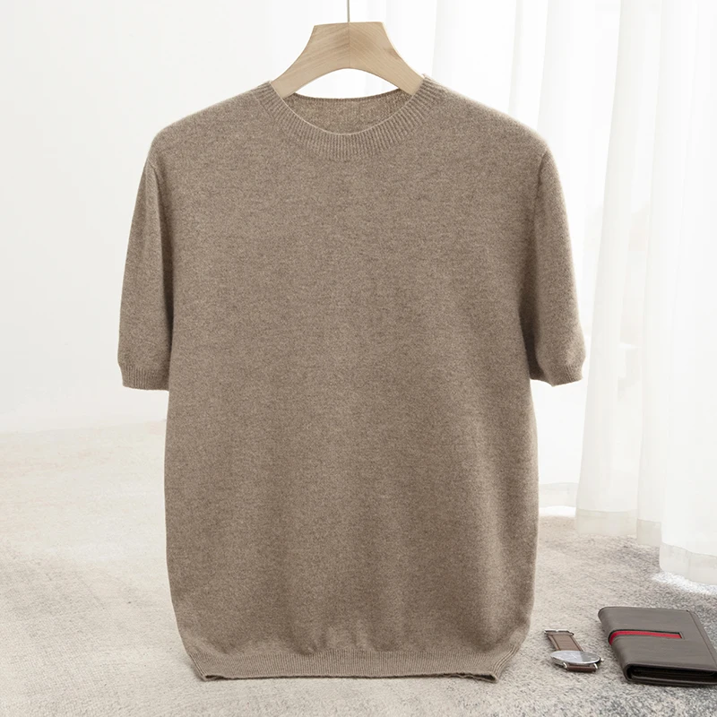 Spring Summer Men's Short Sleeved Pure Wool T-Shirt Sweater O-neck Solid Color Loose Pullover Knitted Sweater Casual Top 4