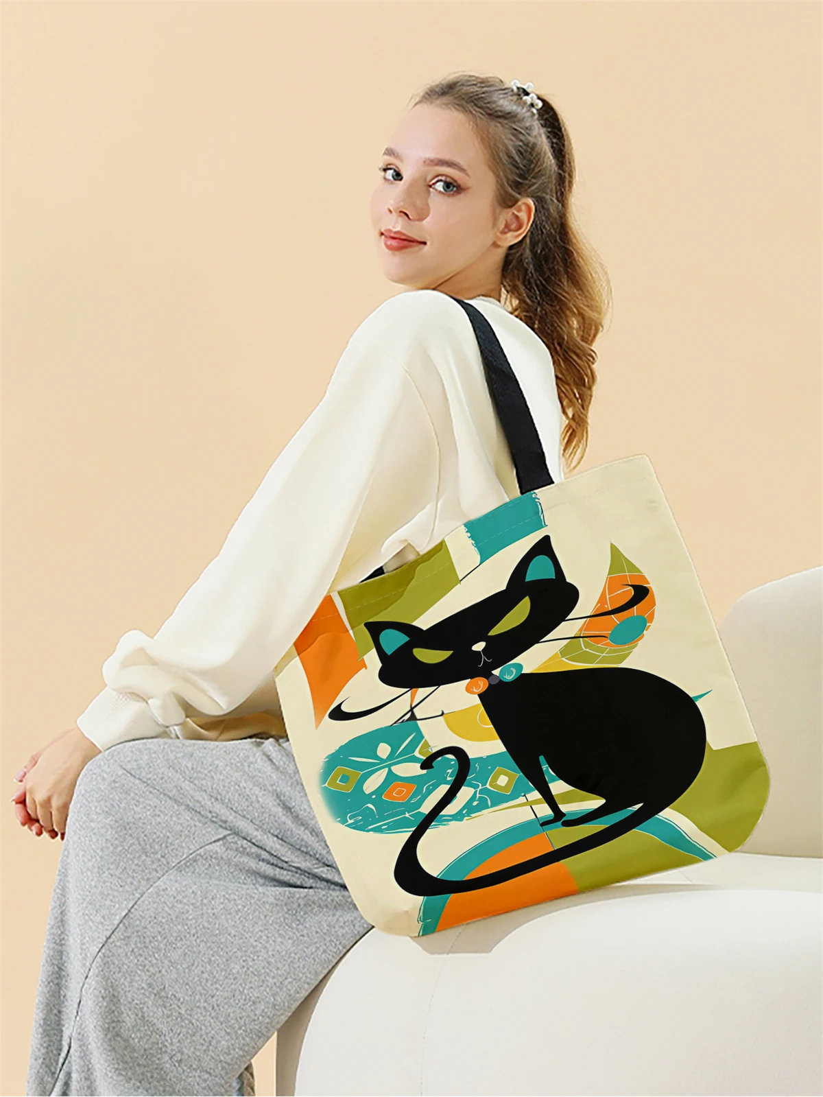 1pc,cartoon black cat handbag, reusable fashionable handbag, multifunctional handbag, printed canvas shopping bag