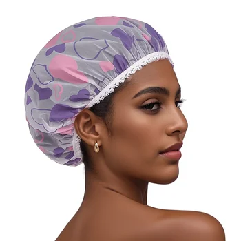 Cuffia doccia premium PEVA da 4 pezzi |   Set rustico con stampa floreale |   Impermeabile addensato con finiture in pizzo |   Cappucci per trucco opachi extra large 1