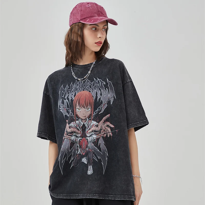 【HI FI FNK】Inter Washing Oversized Top Graphic Vintage Acid Wash Cotton Tees for Men Women Summer