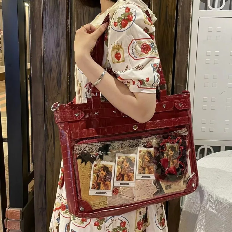 Xiuya Y2k Womens Tote Bag Aesthetic Japanese Style Leather Vintage Transparent Shoulder Bag Lolita Jk Large Capacity New Handbag