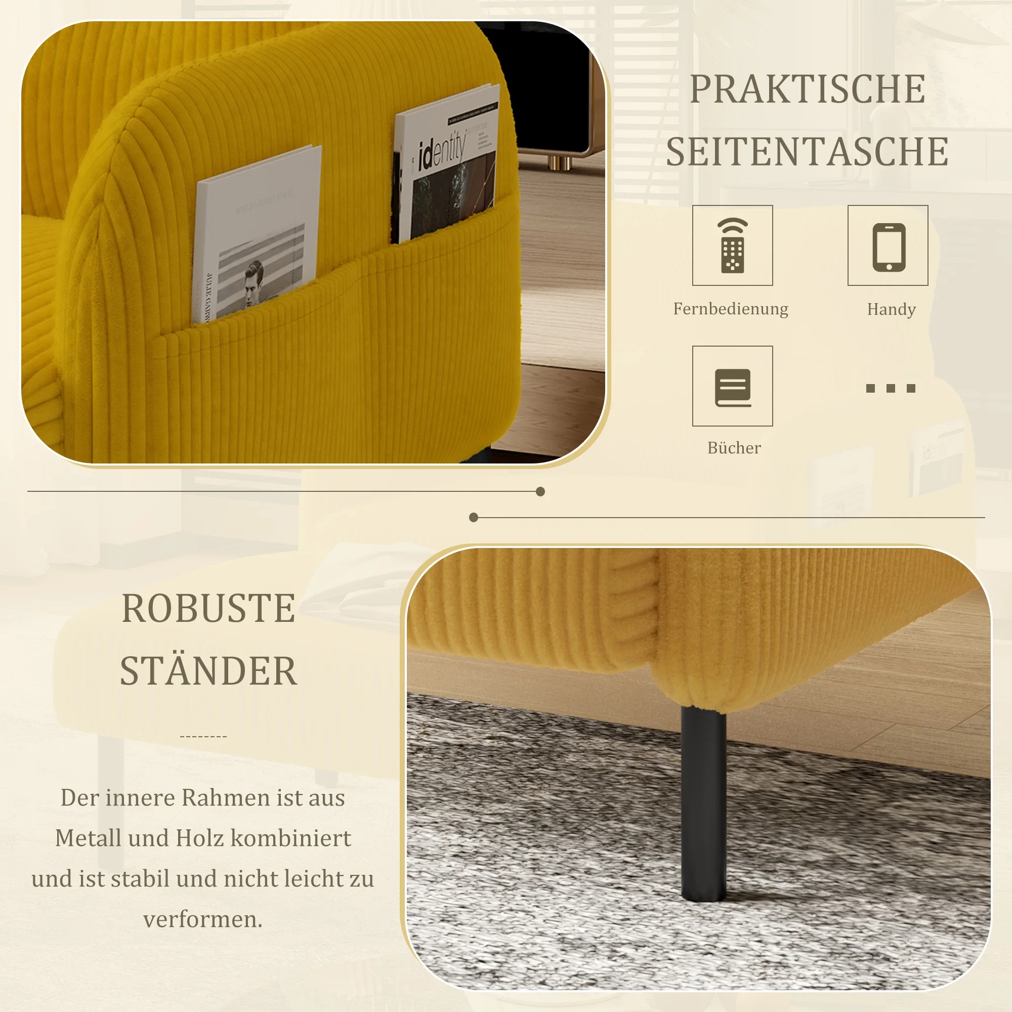 KOMHTOM Samtstoff-Sessel mit Bequemer Sitztiefe, Doppelseitigen Seitentaschen, Solide Struktur – Detail 8