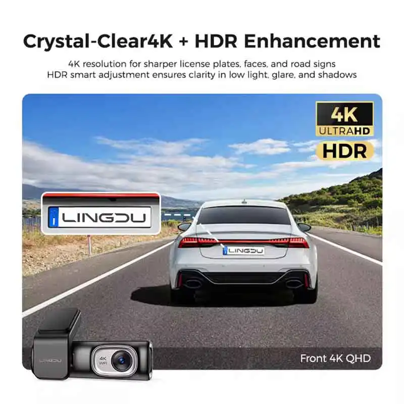 LINGDU D600 차량용 블랙박스 전후방 4K+1080P 내장 GPS WiFi 대시캠 24시간 주차 모니터링 슈퍼 나이트 비전 WDR