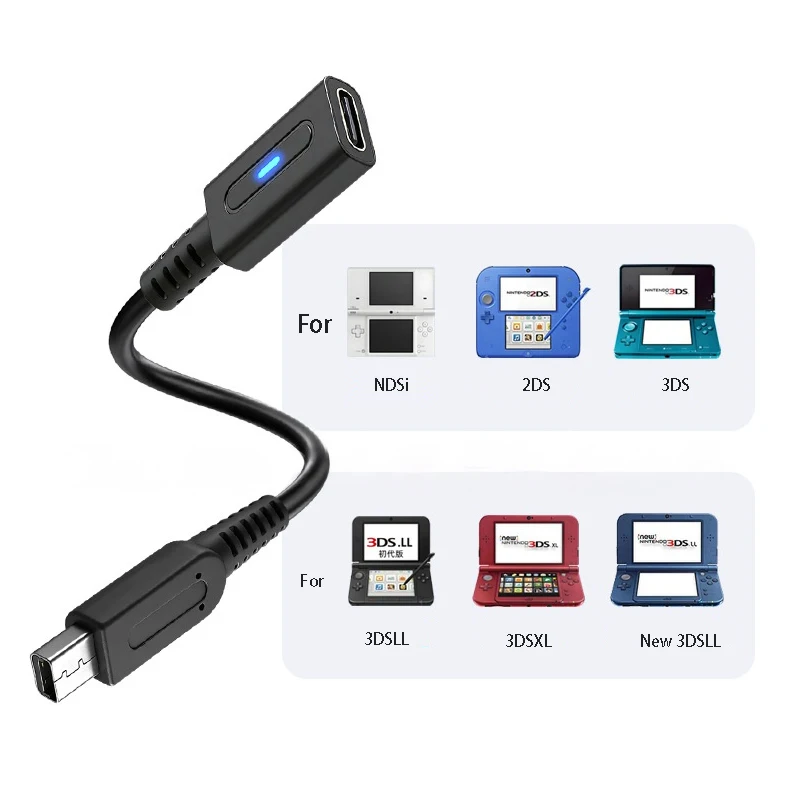 NDSi 3DS LL/XL 게임 컨트롤러용 PD USB C 충전 케이블, LED 변환 코드가 있는 3DS 콘솔용 전원 공급 와이어 어댑터