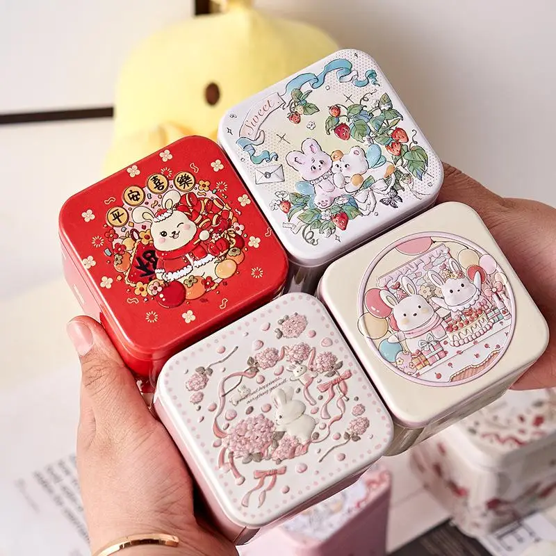 1pc Square Rabbit Pattern Relief Tin Box Tinplate Storage Jar Candy Biscuit Tea Container Reusable Sealed Home Kitchen Gift Box