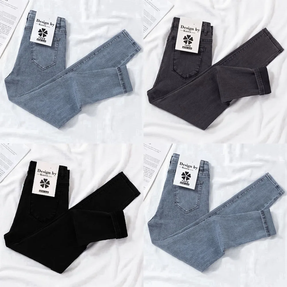 2024 New Spring Autumn Season Blue Pencil Jeans Womens Mid Waist Skinny Vaqueros Fashion Plush Denim Capris Slim Jean Trousers