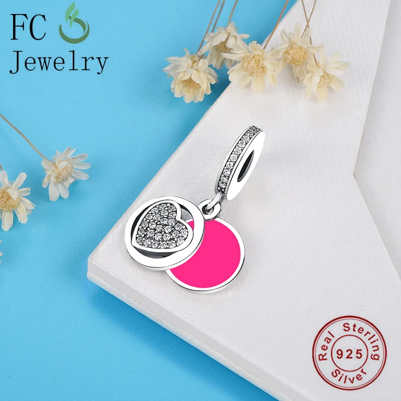 

FC Jewelry Fit Original Charms Bracelet 925 Sterling Silver Pink Enamel Heart Pendant Bead For Women Valentine Berloque 2020 New