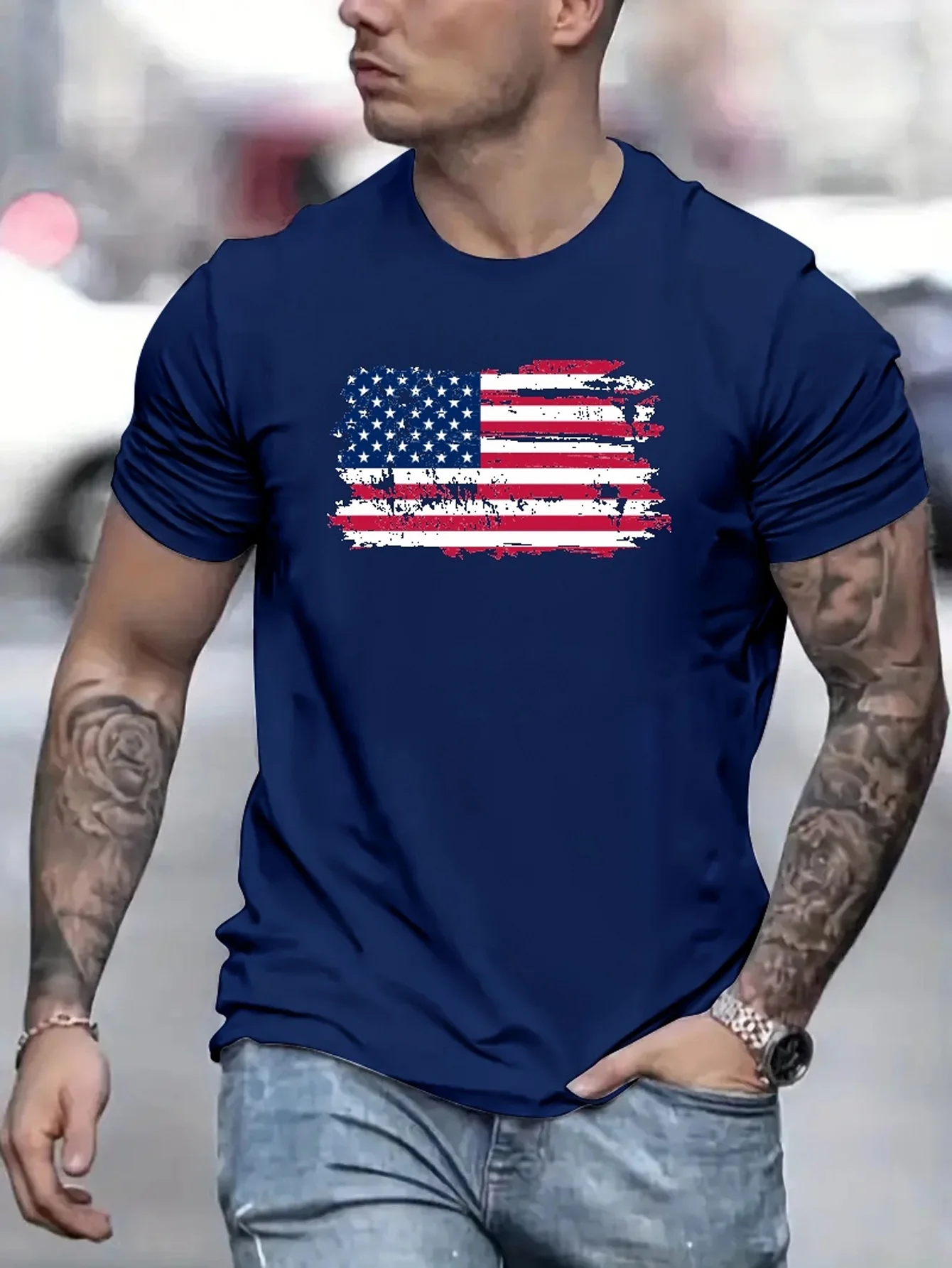 American Flag Men's Vintage T-shirt For Summer Outdoor, Casual Mid Stretch Crew Neck Tee Short Sleeve Graphic Stylish Top