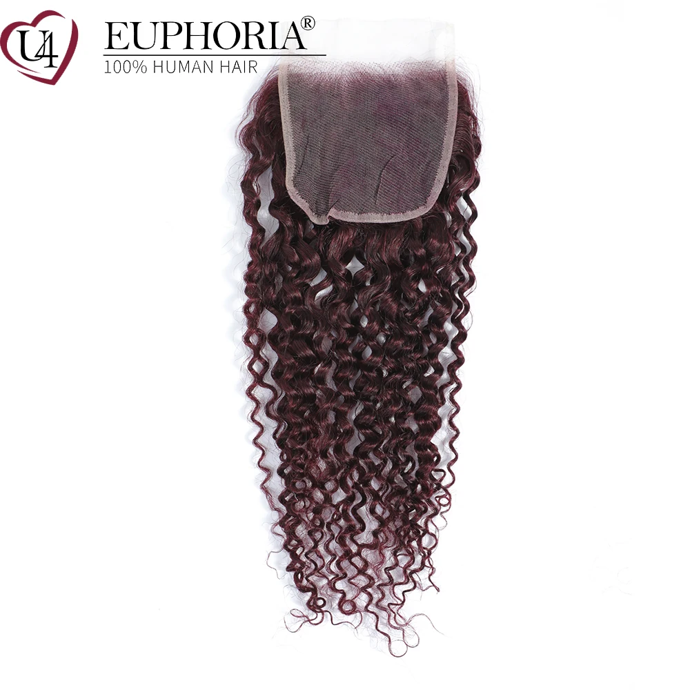 Brazilian Remy Human Hair Kinky Curly 4x4 Lace Closure Color 27 30 33 99J Free And Middle Part Lace Closure Swiss Euphoria
