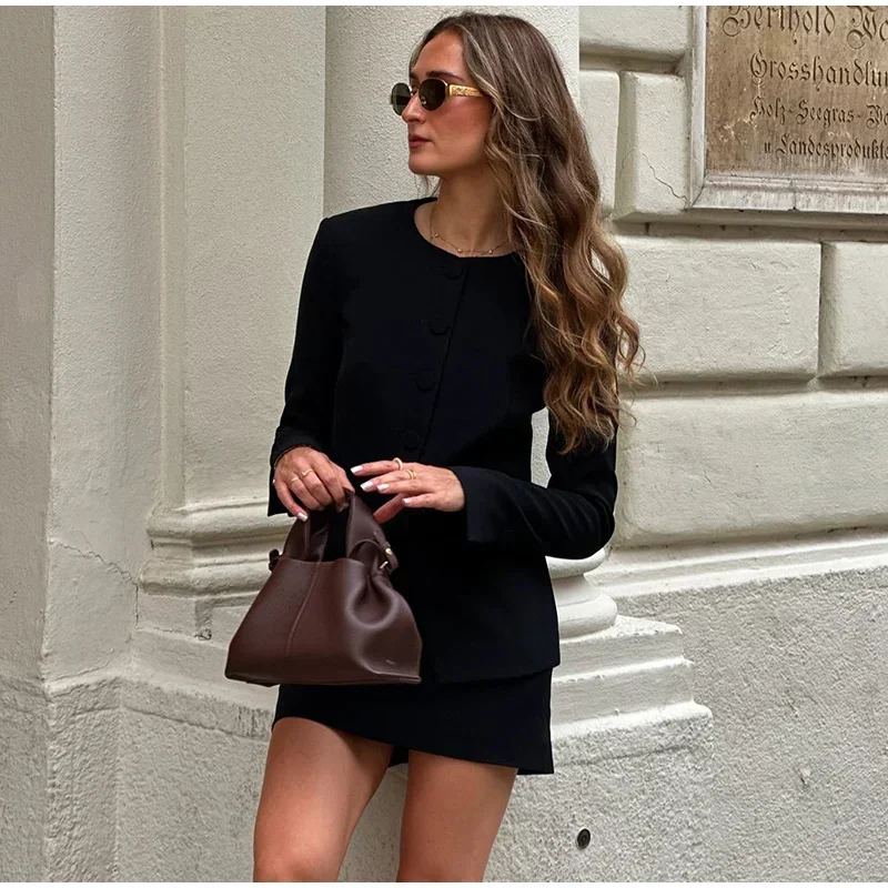 Elegant Blazer Skirt Suit Women Slim Long Sleeve O-neck Button Jacket Mini A-line Skirt 2025 Spring Lady New in Matching Outfits